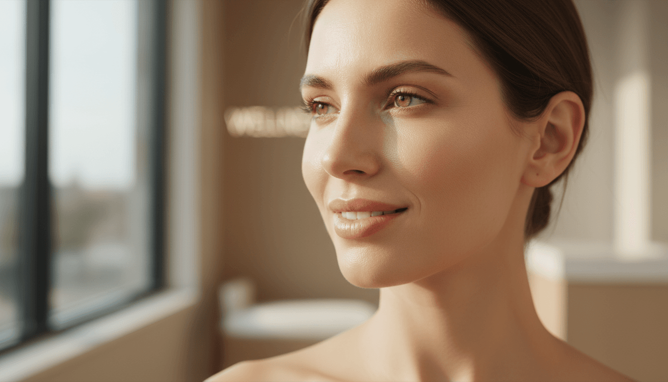 Woman with natural, glowing skin in a calm clinic setting
