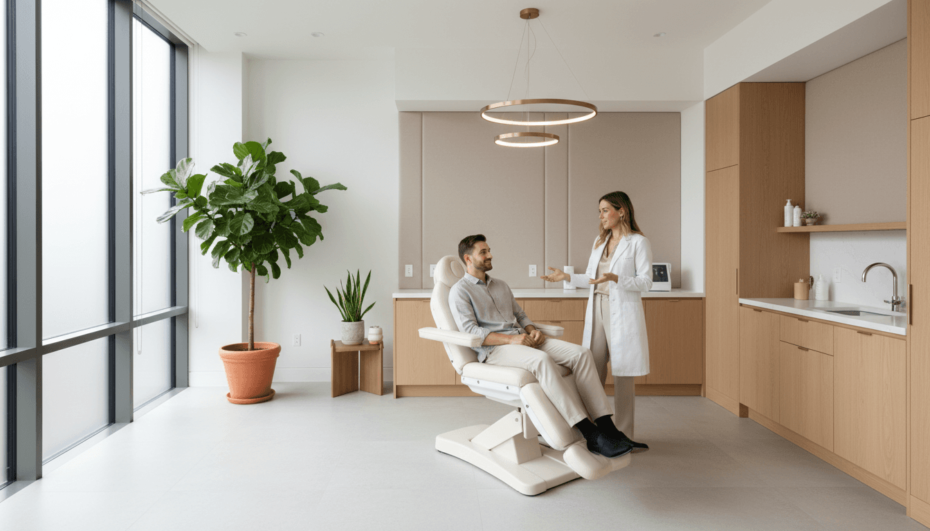 Modern medical aesthetics consultation room with practitioner and client discussing treatment options in bright, calming clinical space