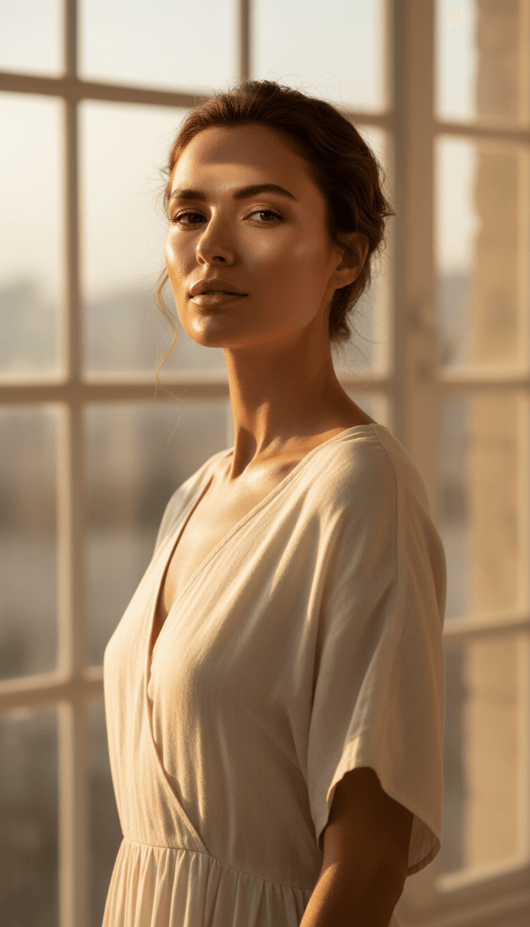 Woman with natural, refreshed skin relaxing in a modern clinic room
