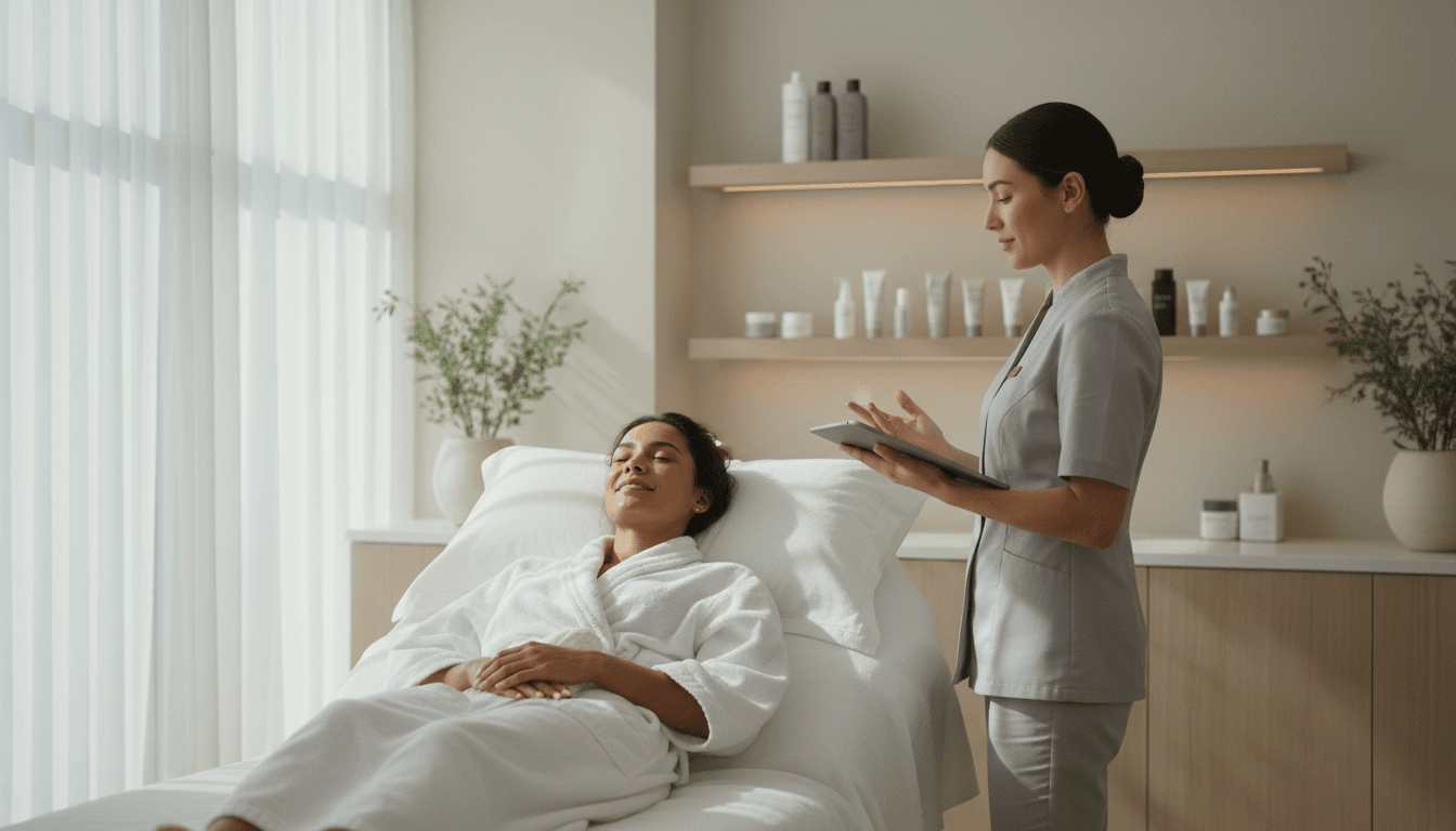 Friendly aesthetician welcoming a client into a bright, calm treatment room