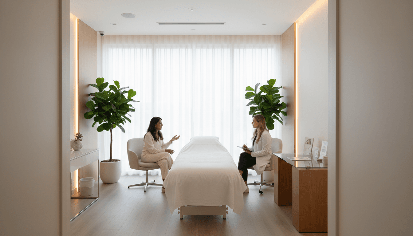 A calm and inviting treatment room at a cosmetic clinic with soft natural light